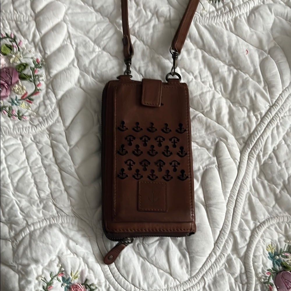 Brown Anchor Patterned Crossbody Wallet